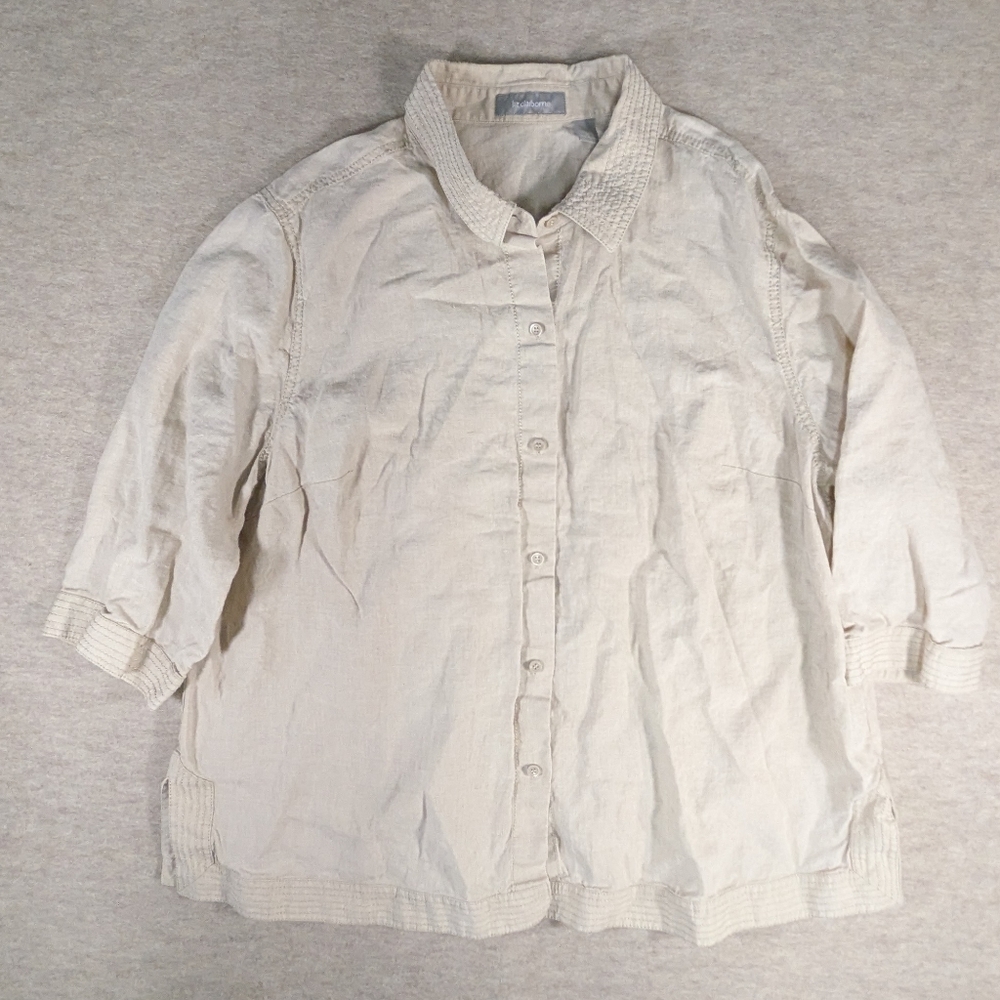 Liz Claiborne 100% Linen Plus Size Cream Nuetral ButtonUp Blouse Tunic Beachy 3X